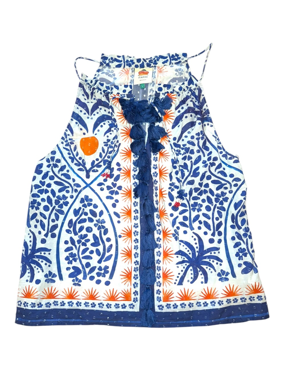 Farm Rio Boho Afternoon Breeze Sleeveless Cotton Blouse with Tassels Sz L - Picture 2 of 9